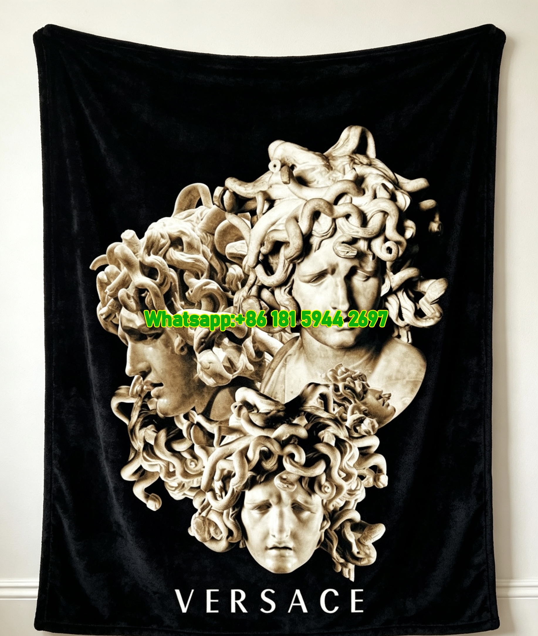 Black and Gold Versace Medusa Sculpture Print Flannel Throw Blanket IMG_1389